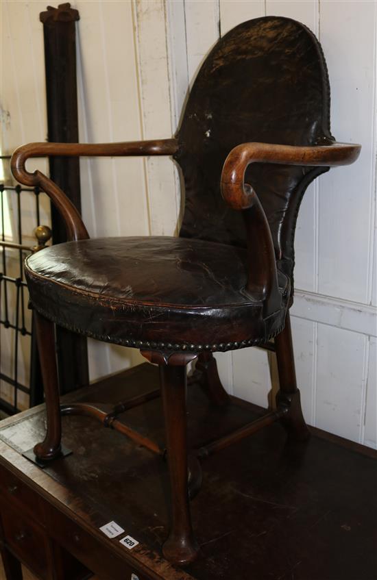 George I style mahogany and brown leather upholstered elbow chair